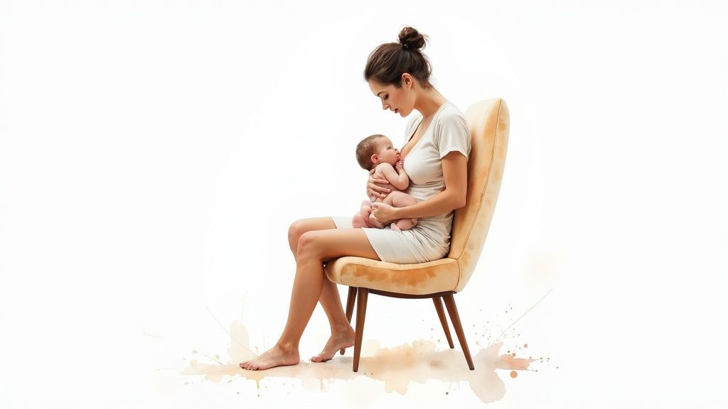 Junge Mutter stillt ihr Baby in einem bequemen Sessel auf weißem Hintergrund.