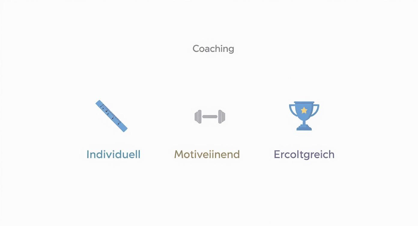 Grafik zum Coaching, das individuell angepasst, motivierend gestaltet und erfolgreich zum Ziel führt, mit entsprechenden Symbolen.