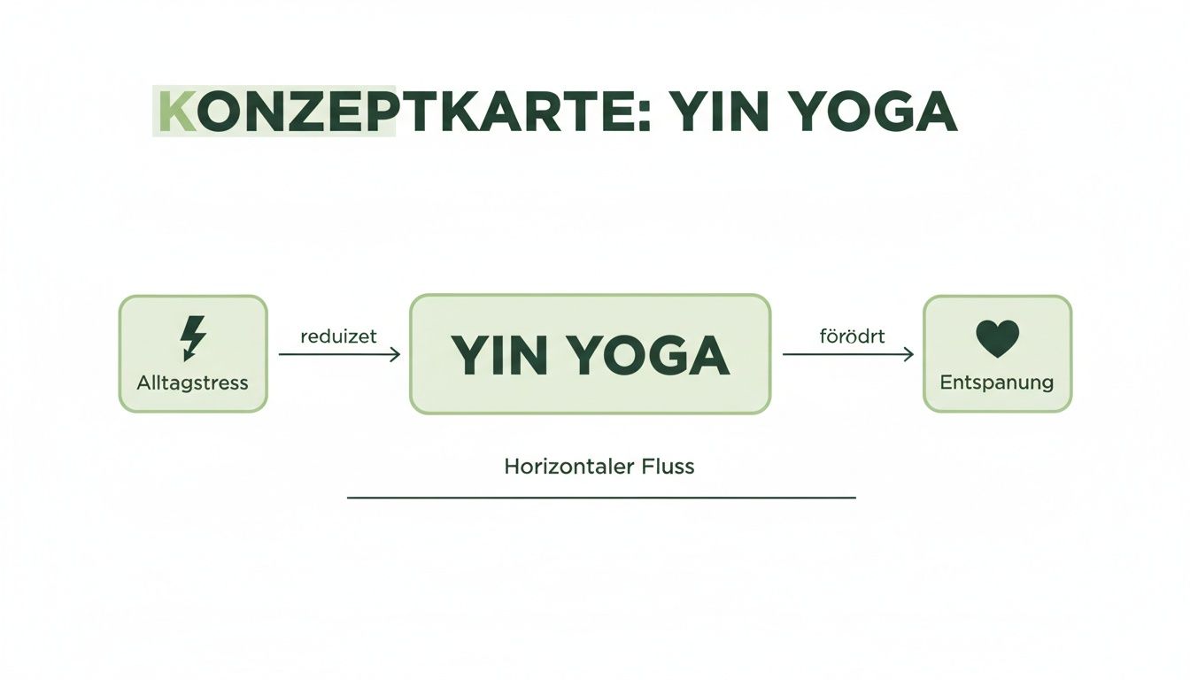 Konzeptkarte zu Yin Yoga, die zeigt, wie es Alltagsstress reduziert und Entspannung fördert.