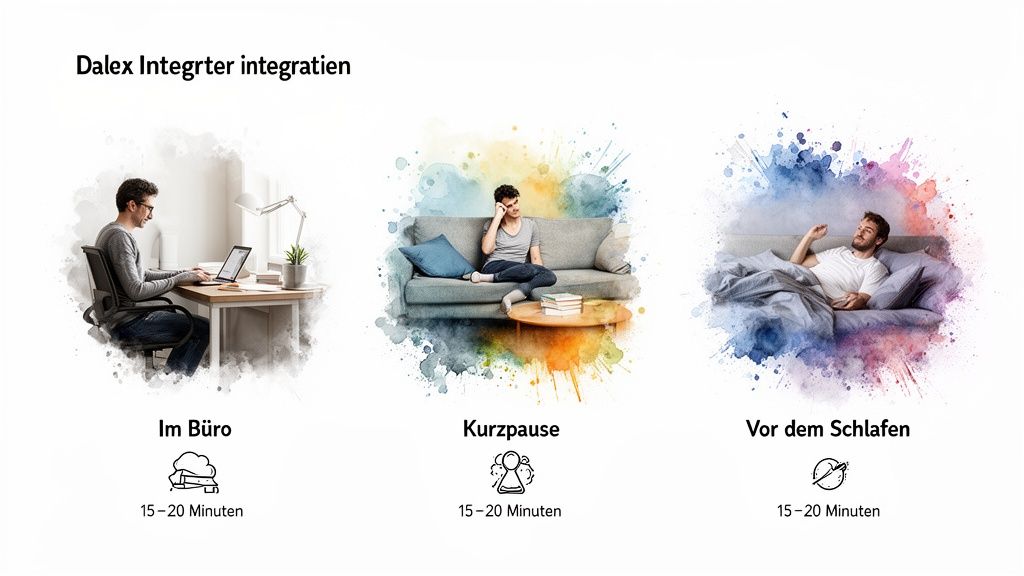 Integration kurzer Routinen in den Alltag: Mann im Büro, auf dem Sofa entspannend und vor dem Schlafengehen im Bett.