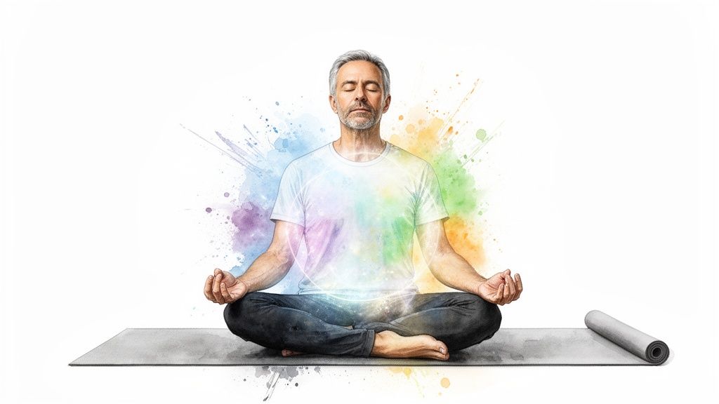 Ein ruhiger Mann meditiert im Lotussitz, umgeben von lebhaften Aquarellfarben auf einer Yogamatte.