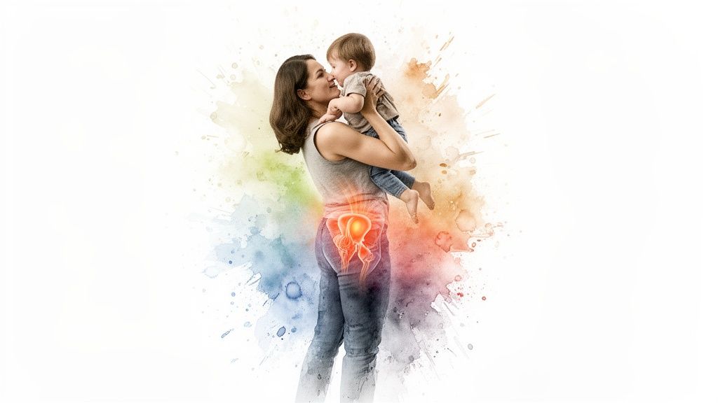 Eine glückliche Mutter hält ihr Baby, mit einer leuchtenden Darstellung des Beckenbodens auf ihrem Körper.