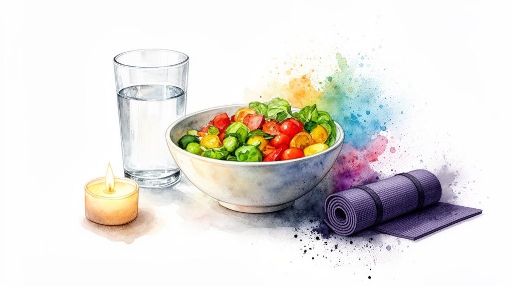 Ein Glas Wasser, ein Teelicht, eine Salatschüssel und eine Yogamatte symbolisieren Wellness und einen gesunden Lebensstil.