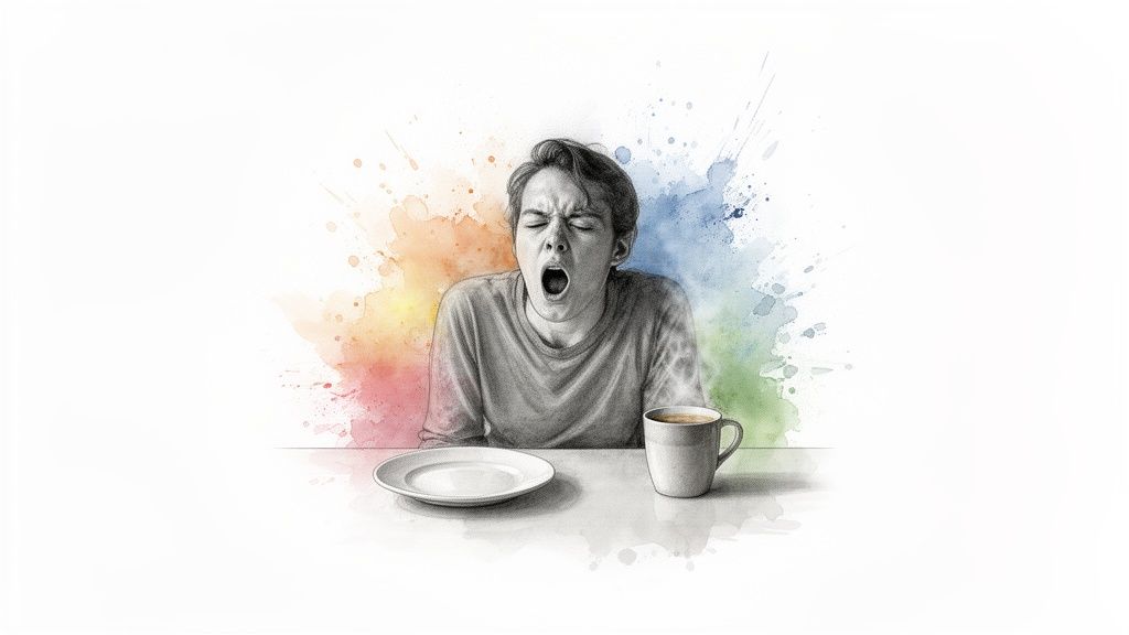 Junge Person gähnt beim Frühstückstisch mit leerem Teller und dampfender Tasse, umgeben von Aquarellspritzern.