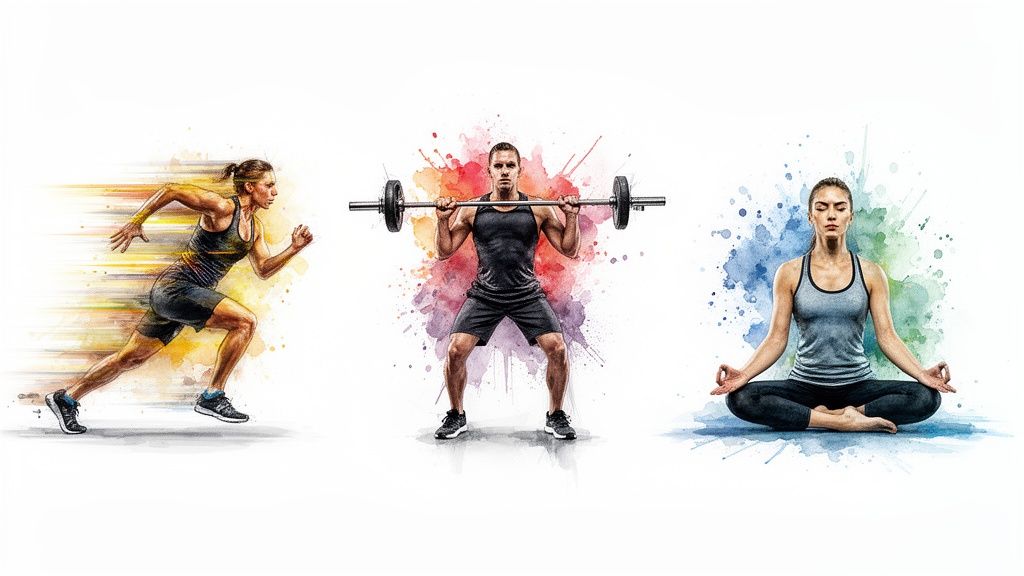 Drei Personen beim Sport: Eine Läuferin, ein Gewichtheber und eine meditierende Frau mit bunten Farbspritzern.