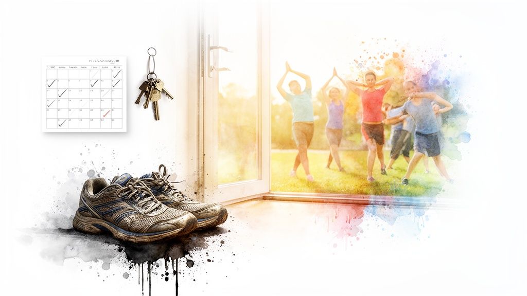 Laufschuhe, Kalender mit Haken und Menschen, die Sport im Freien machen, illustriert mit Aquarell-Effekten.