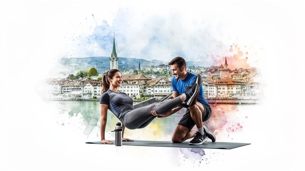 Eine Frau trainiert mit ihrem Personal Trainer auf einer Matte vor einer malerischen Stadtkulisse am Fluss.
