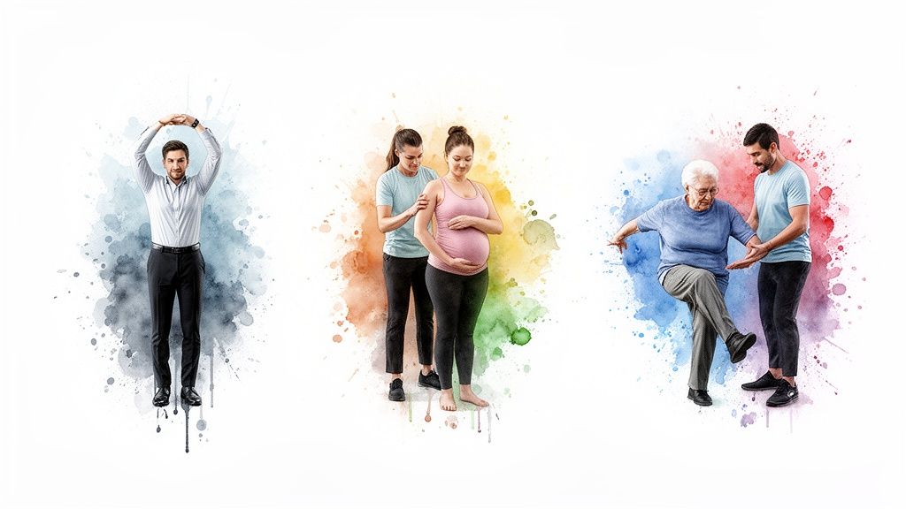 Drei Szenen zeigen Personal Training: Mann beim Training, schwangere Frau mit Therapeutin, Seniorin mit Trainer.