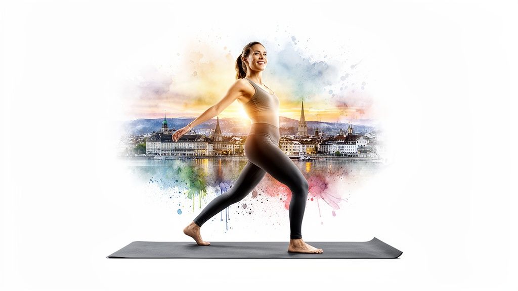 Junge Frau in Yogakleidung praktiziert Power Yoga auf einer Matte vor bunter Stadtlandschaft bei Sonnenuntergang.