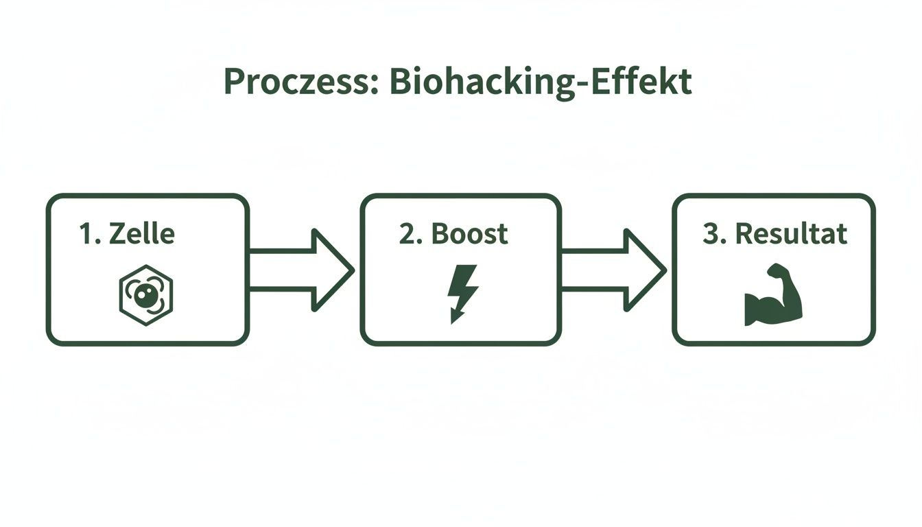Flussdiagramm zeigt den Biohacking-Prozess: Von der Zelle über einen Boost zum Resultat (Muskelwachstum).