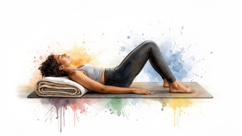 Eine Frau liegt entspannt auf einer Yogamatte mit gebeugten Knien und einer Decke unter dem Kopf, um Stress abzubauen.