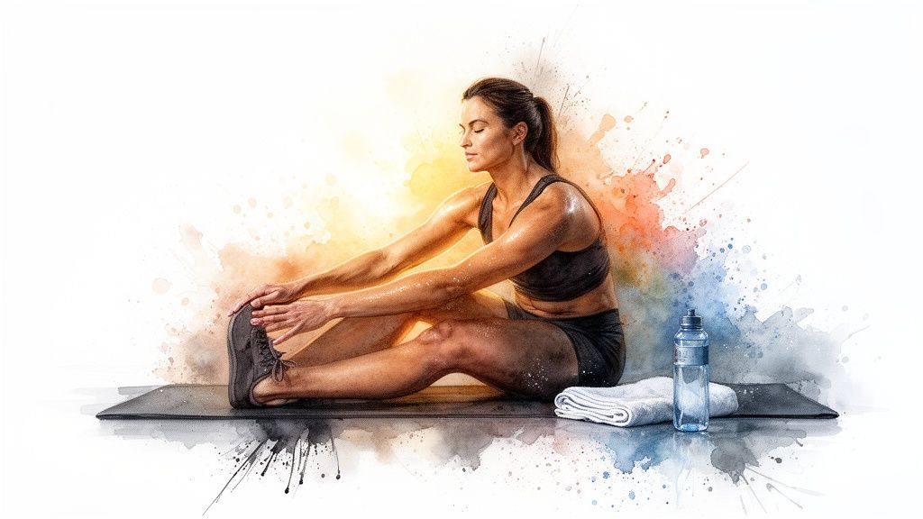 Eine sportliche Frau dehnt sich nach dem Training auf einer Yoga-Matte, umgeben von bunten Farbspritzern.