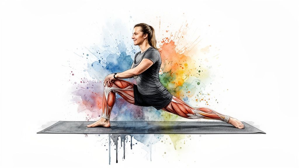 Eine Frau dehnt sich auf einer Yogamatte, ihre Beinmuskeln sind sichtbar, vor einem bunten Aquarellhintergrund.