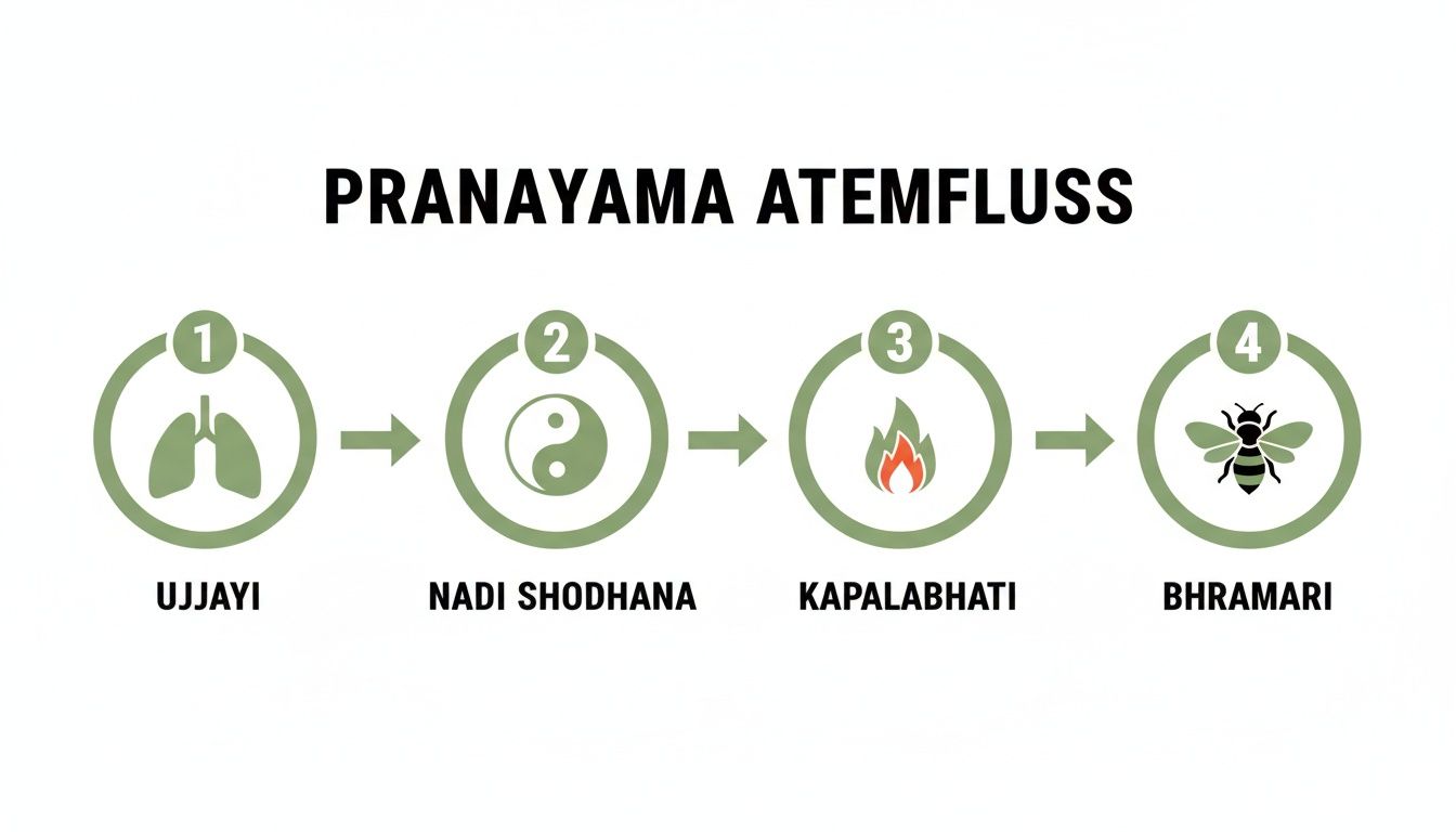 Infografik: Die vier Schritte des Pranayama-Atemflusses mit Ujjayi, Nadi Shodhana, Kapalabhati und Bhramari Atemtechniken.