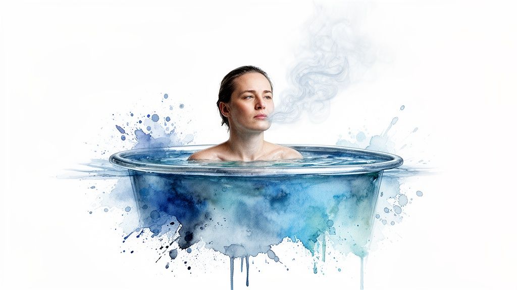 Eine Frau in einem Wasserbad, atmet entspannt aus, umgeben von blauen Aquarellspritzern.