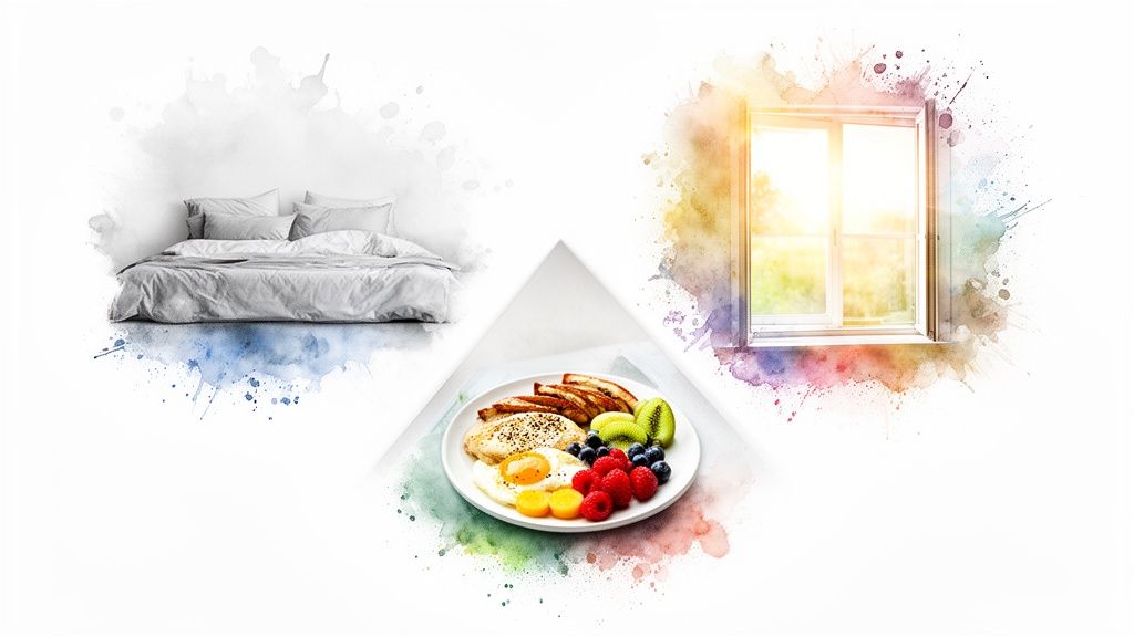Bett, sonniges Fenster und gesundes Frühstück symbolisieren den zirkadianen Rhythmus und tägliche Routinen.