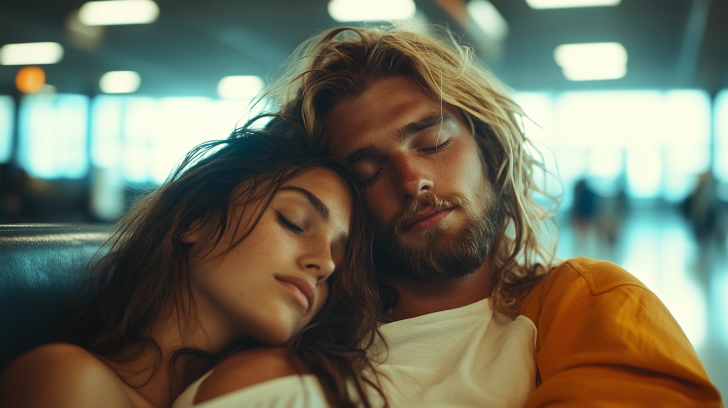 surfer couple tired jetlag surfer couple tired jetlag
